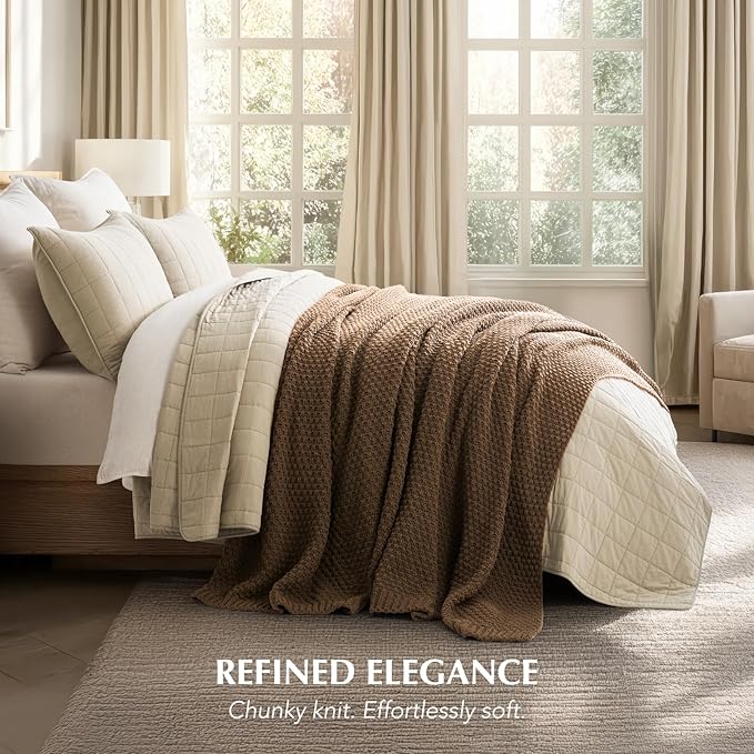 EVERGRACEHOME Chunky Chenille Knit Throw Blanket for Couch, Soft Luxurious Oversized King Moss Stitch Blanket for Bed, Large Cozy Farmhouse Knitted Throw for Sofa, Camel Brown, 92" x 108"