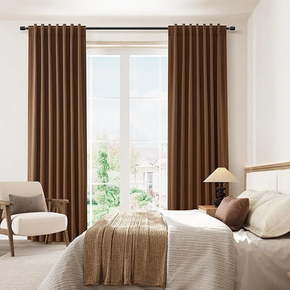Guken 100% Blackout Linen Curtains 90 Inch Length 2 Panels Set for Living Room Bedroom Back Tab Thermal Insulated Black Out Linen Drapes Room Darkening Window Curtains,Caramel Brown