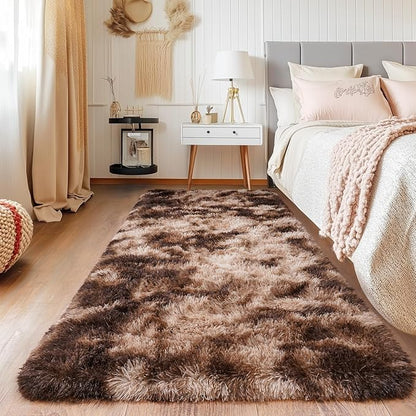 Runner Rugs for Bedroom, 2x6 Fluffy Throw Area Rug Non Slip for Bedside Dorm Hallways, Long Soft Shag Carpet for Nursery Living Room, Tie-Dyed Brown