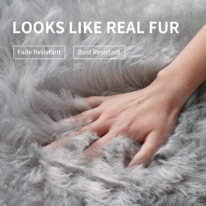 Faux Fur Rug, Grey Small Fluffy Rug for Sofa Chair Couch Cover 2x4 Feet, Gray Soft Fuzzy Shag Rug for Bedroom, Indoor Shaggy Plush Floor Carpets Luxury Home Decor for Bedside
