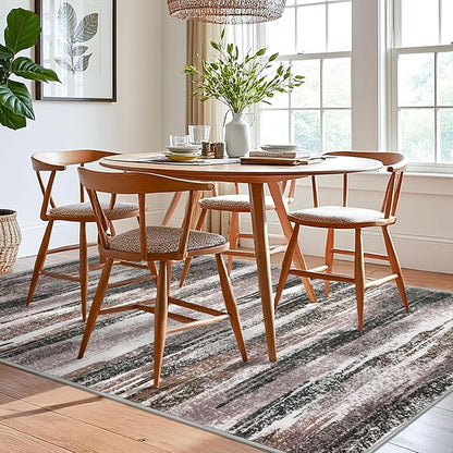 Lansny Modern Abstract 6x9 Machine Washable Living Room Rug Non-Slip Soft Bedroom Area Rug Dark Light Brown White Ultra Thin Print Faux Wool Floor Carpet Throw Rugs for Dining Room Indoor Office