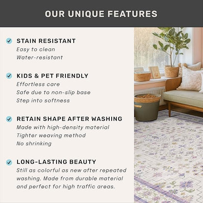 Hazo Haus 6x9 Lavender Rug for Bedroom, Kids Playroom, Non Slip Large Washable Living Room Area Rug, Low Pile Stain Resistant Foldable Boho Fairy Décor