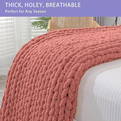 Bigacogo Chunky Knit Throw Blanket for Couch, 51x63 inches, 100% Hand Knitted with Thick Jumbo Chenille Yarn, Cozy Soft Large Rope Knot Cable Crochet Blankets for Sofa Bed Living Room, Antique Red