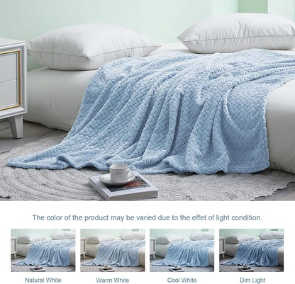 Exclusivo Mezcla Light Blue Fleece King Size Blanket for Bed, 90x104 Inches Soft Cozy 3D Decorative Jacquard Flannel Blankets, Lightweight Fuzzy Plush Warm Blankets for All Seasons