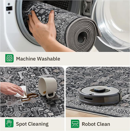 Washable 2x3 Entryway Area Rug - Small Non Slip Vintage Kitchen Runner Rugs Indoor Entrance Soft Neutral Stain Resistant Bathroom Mat Farmhouse Carpet for Bedroom Living Room Entry Laundry 2'x3' Black