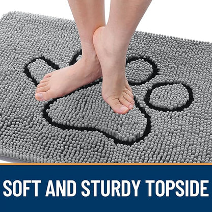 OLANLY Dog Door Mat for Muddy Paws 48x30, Paw Print Design, Absorbs Moisture and Dirt, Absorbent Non-Slip Washable Doormat, Quick Dry Chenille Mud Mat for Dogs, Entry Indoor Entryway Carpet, Grey