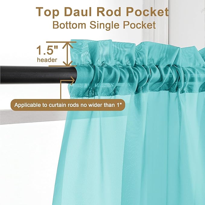 Chyhomenyc Turquoise Sheer Curtains 30 inch Length 2 Panels, Light Filtering Voile Rod Pocket Short Window Curtians for Bathroom Living Room Farmhouse Small Windows, 42Wx30L inches