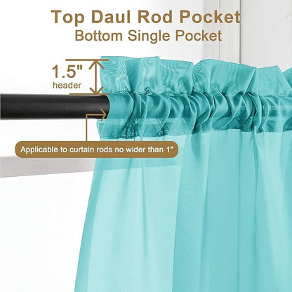 Chyhomenyc Turquoise Sheer Curtains 30 inch Length 2 Panels, Light Filtering Voile Rod Pocket Short Window Curtians for Bathroom Living Room Farmhouse Small Windows, 42Wx30L inches