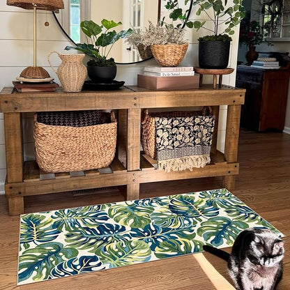 Front Door Mat Indoor Entrance - 2x4.3 Ft Spring Washable Layered Doormat Outdoor Entrance Porch Rug Non-Slip Botanical Green Blue Leaf Runner Rug for Kitchen Bedroom Laundry Room Porch Decor
