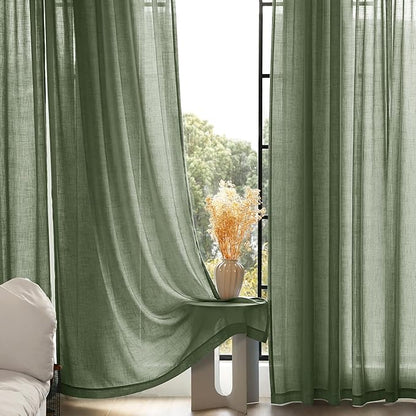 Olive Green Curtains 84 inch Length 2 Panels for Bedroom Back Tab Light Filtering Semi Sheer Drapes Linen Cotton Textured Airy Modern Farmhouse Living Room Sage Aesthetic Decor 52x84