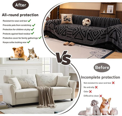 HANDONTIME Dark Grey Sofa Cushion Covers Boho Couch Sofa Covers Short Plush Couch Cover for Sofa Shu Velveteen Couch Sofa Slipcover for Pets Black Geometric Sofa Cover Washable Warm Soft, 71" X150"