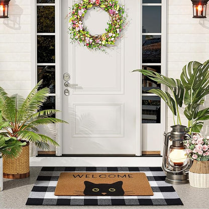 UINI Door Mat Combo Set, 28" x 43" Plaid Mat +17" x 30" Black Cat with Green Eyes Doormat, 2 PCS Welcome Mat Set for Front Door, Entrance, Porch Decor, Non-Slip