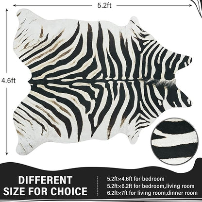 AROGAN Western Faux Fur Zebra Rug, 4.6 x 5.2 Feet Premium Animal Skin Print Rug, Sturdy Faux Zebra Hide Rugs for Wall Decor, Western Floor Carpet for Bedroom Living Room, Black and White