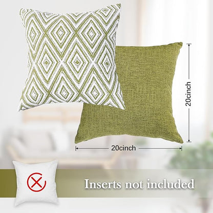 HPUK Decorative Throw Pillow Covers Set of 4 Geometric Design Linen Cushion Cover for Couch Sofa Living Room, 20"x20" inches, Green