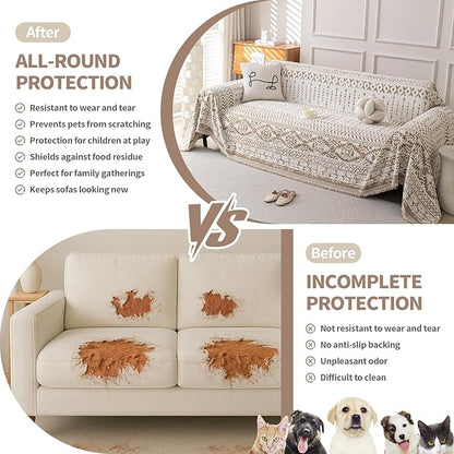 Boho Chenille Couch Cover for Dogs, Non Slip Sofa Cover, Couch Slipcover Covers for 3 Cushion, Furniture Protector with Tassels for Pets Washable, 71"x118", Geometric Khaki