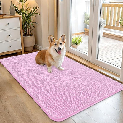 OLANLY Dog Door Mat for Muddy Paws 45x27, Absorbs Moisture and Dirt, Absorbent Non-Slip Washable Doormat, Quick Dry Chenille Mud Mat for Dogs, Entry Indoor Entryway Carpet for Inside Floor, Pink