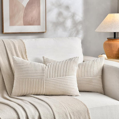 Fancy Homi 2 Packs Cream Lumbar Decorative Throw Pillow Covers 16x26 Inch for Living Room Couch Bed Sofa, Rustic Farmhouse Boho Home Decor, Soft Striped Corduroy Rectangle Accent Cushion Case
