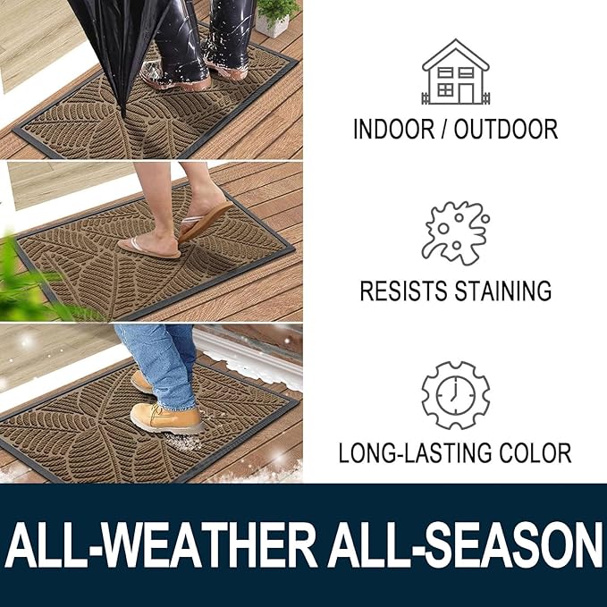 Colorxy Waterproof Doormat, Sturdy Natural Rubber Front Indoor Mat, Non Slip Low Profile Outdoor Door Mat, Stain and Fade Resistant Floor Mats, Easy Clean Patio Entry Mat, 47''x24'', Light Brown