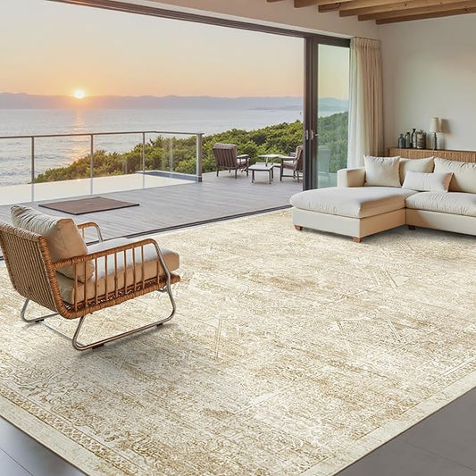 Washable Area Rug 9x12, Large Soft Rugs for Living Room Vintage Beige Rug 9x12 Area Rugs for Bedroom Dining Room Floral Non-Slip Thin Rug