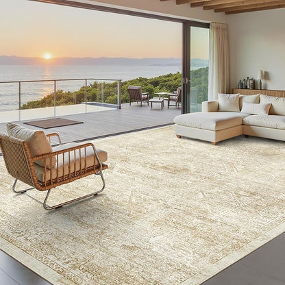 Washable Area Rug 10x14, Large Soft Rugs for Living Room Vintage Beige Rug 10x14 Area Rugs for Bedroom Dining Room Floral Non-Slip Thin Rug