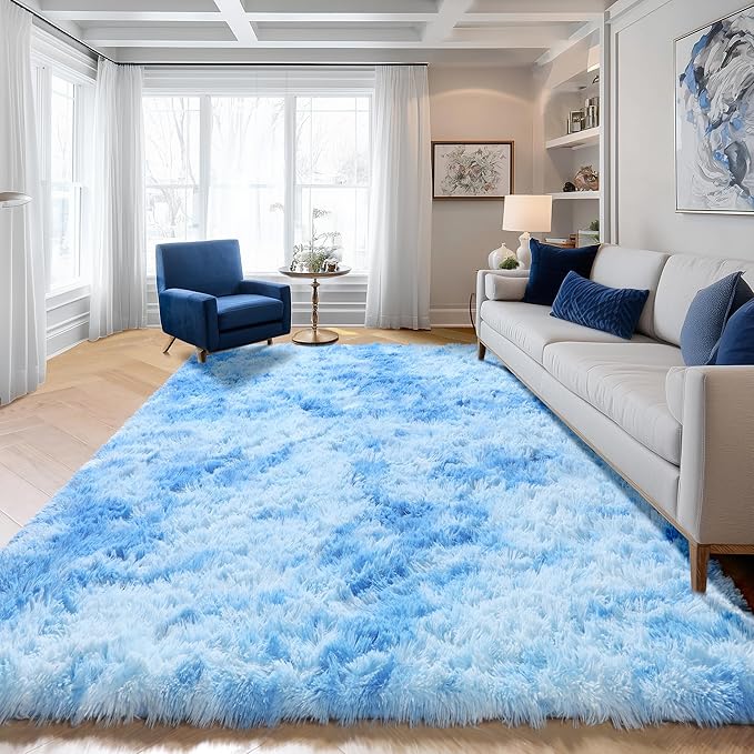 ONASAR Area Rugs for Bedroom Living Room, Fluffy Fuzzy Shag Shaggy 4x6 Bedside Tie-Dye Blue Rug, Soft Plush Indoor Floor Carpet for Nursery Kids Girls Boys Teen Dorm Home Office Decor Aesthetic
