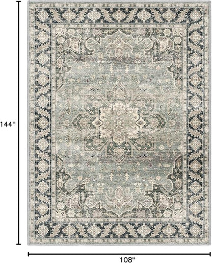 9x12 Area Rugs - 9x12 Washable Area Rug Indoor Vintage Rug Print Rug Low-Pile Floor Carpet for Living Room, Bedroom (Olive Charcoal)