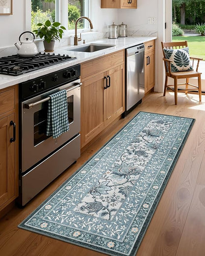 GarveeHome Provence Misty Blue 2.5 x 8 Washable Kitchen Runner Rugs Non Slip Vintage Boho Cottage Long Rug for Hallways Bedroom Entryway Bathroom Mat with Rubber Back