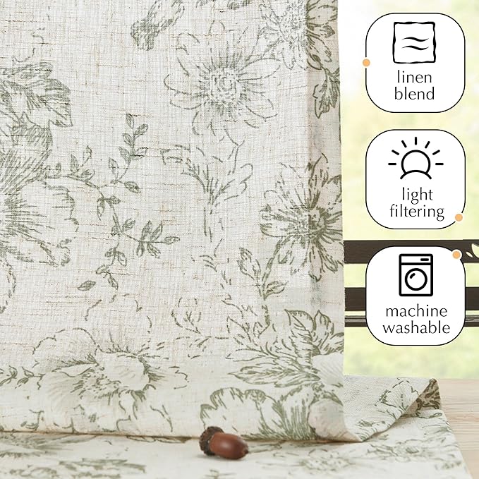 jinchan Pinch Pleated Curtains Floral Linen Blend Curtains for Living Room 96 Inches Length Green Peony Flower Printed Curtain Rod Pocket Back Tab Farmhouse Drapes with Hooks Set 2 Panels