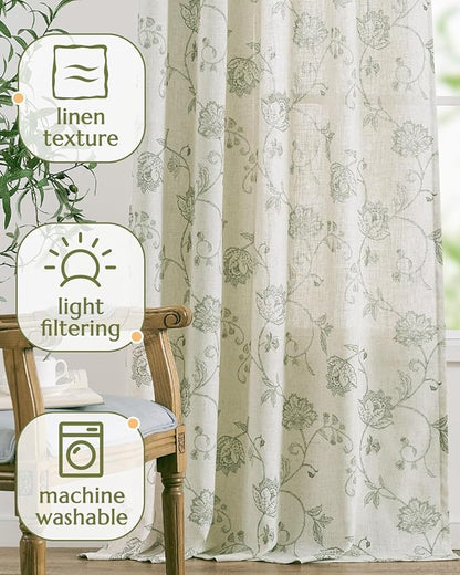 jinchan Linen Curtains Floral Curtain 84 Inch Length for Living Room Bedroom Light Filtering Rod Pocket Back Tab Jacobean Curtains Flax Linen Texture Window Drapes Set 2 Panels Green on Linen