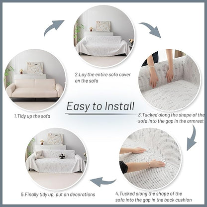 MYSKY HOME Boho Couch Cover White Sofa Covers with Tassel Farmhouse Sofa Slipcover Simple Couch Protector for Dogs Chenille Sectional Couch Covers L Shaped Couch Cushion Covers, 71"x 134"