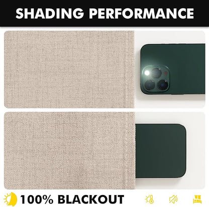 MIULEE 100% Blackout Linen Curtains for Bedroom, Natural Solid Luxury Decor Thermal Insulation Room Darkening Drapes for Living Room Nursery Back Tab Rod Pocket 42 x 90 Inches, 2 Panels