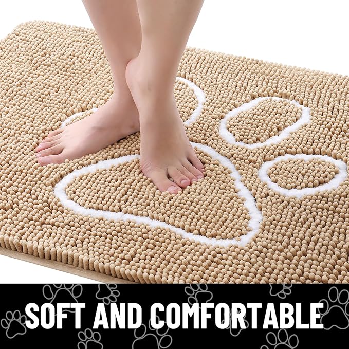 Smiry Dog Door Mat for Muddy Paws, Absorbent Dirt Trapper Non Slip Quick Dry Washable Chenille Mat for Mud Dogs, Entry Rug for Indoor and Outdoor (24x16 Inches, Beige and White)