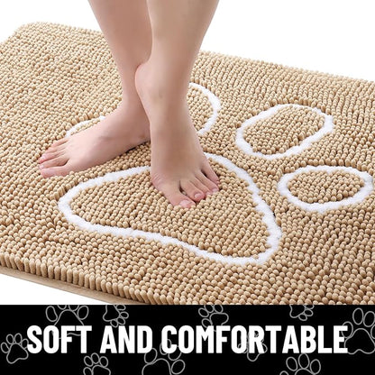 Smiry Dog Door Mat for Muddy Paws, Absorbent Dirt Trapper Non Slip Quick Dry Washable Chenille Mat for Mud Dogs, Entry Rug for Indoor and Outdoor (24x16 Inches, Beige and White)