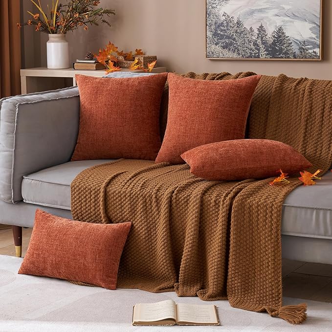 MIULEE Pack of 2 Couch Throw Pillow Covers 12x20 Inch Soft Burnt Orange Chenille Lumbar Pillow Covers for Sofa Living Room Solid Dyed Cases