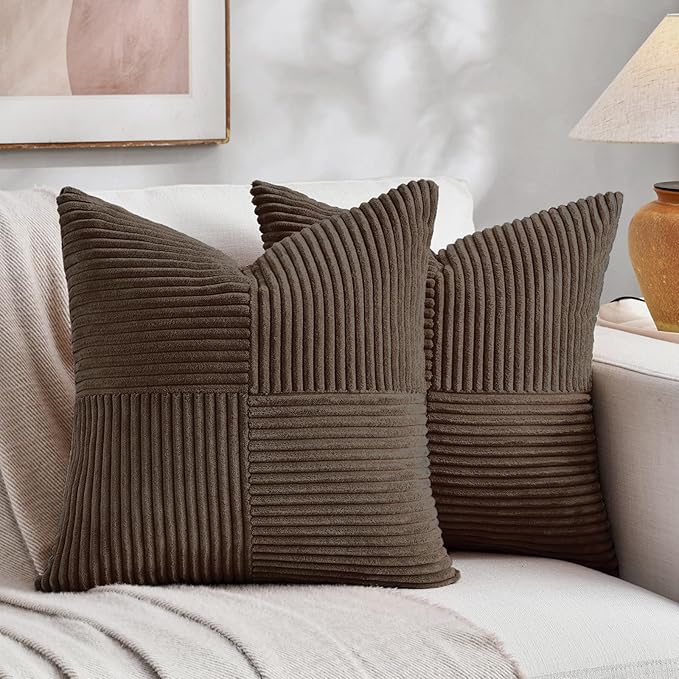 Fancy Homi 2 Packs Dark Brown Big Decorative Throw Pillow Covers 24x24 Inch for Living Room Couch Bed, Farmhouse Boho Home Decor, Soft Corss Corduroy Patchwork Accent Square Cushion Case 60x60 cm
