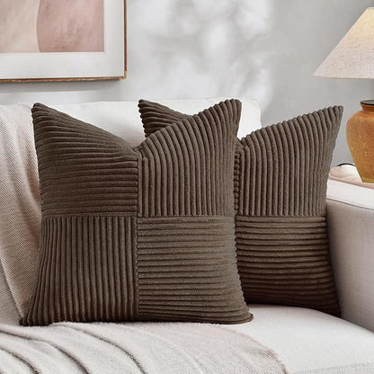 Fancy Homi 2 Packs Dark Brown Euro Decorative Throw Pillow Covers 28x28 Inch for Couch Bed, Rustic Farmhouse Boho Home Decor, Soft Corss Corduroy Patchwork Textured Square Cushion Case 71x71 cm