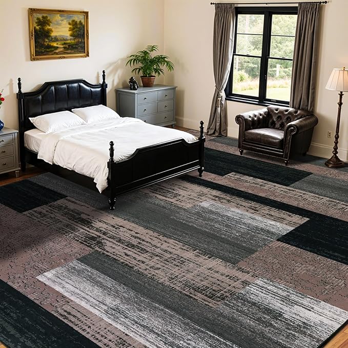 LIANLAM 10x14 Washable Area Rugs for Living Room and Bedroom, Vintage Checkered Pattern Non-Slip Carpet, Stain Resistant Low Pile Soft Rug for Dining Room,Office,Nursery,Kids Room(10x14,Chocolate)