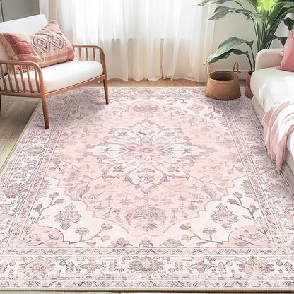Area Rugs 5'x7' Washable Non-Slip, Floral Vintage Distress Print Pattern Medallion Carpet for Living Room Bedroom Dining Room, Pink Greypink Cute