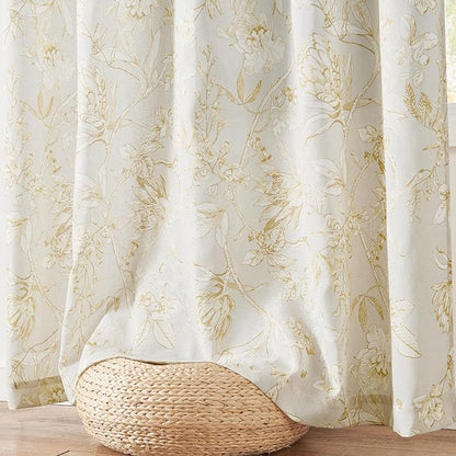 jinchan Floral Curtains 96 Inches Long Mustard Yellow Flower Linen Farmhouse Curtain for Living Room French Country Vintage Curtain Rod Pocket Curtains Set 2 Panels Floral Printed