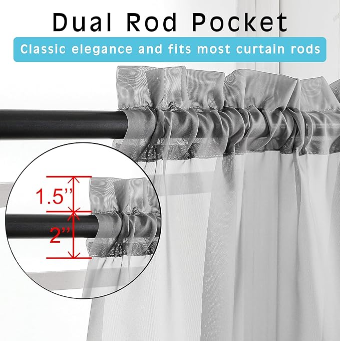 OVZME Grey Sheer Curtains - 96" Inch Length 2 Panels Set, Light Filtering Soft Rod Pocket Voile Drapes for Living Room/Bedroom, Each 42" W x 96" L