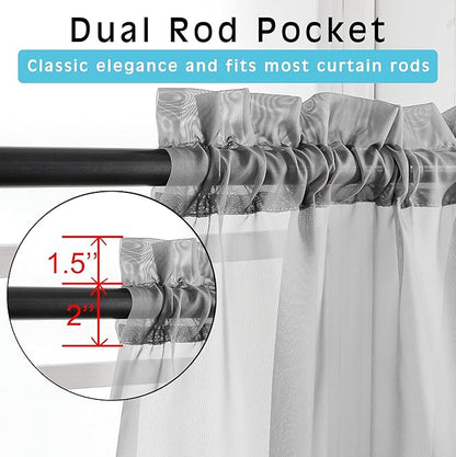 OVZME Grey Sheer Curtains - 96" Inch Length 2 Panels Set, Light Filtering Soft Rod Pocket Voile Drapes for Living Room/Bedroom, Each 42" W x 96" L