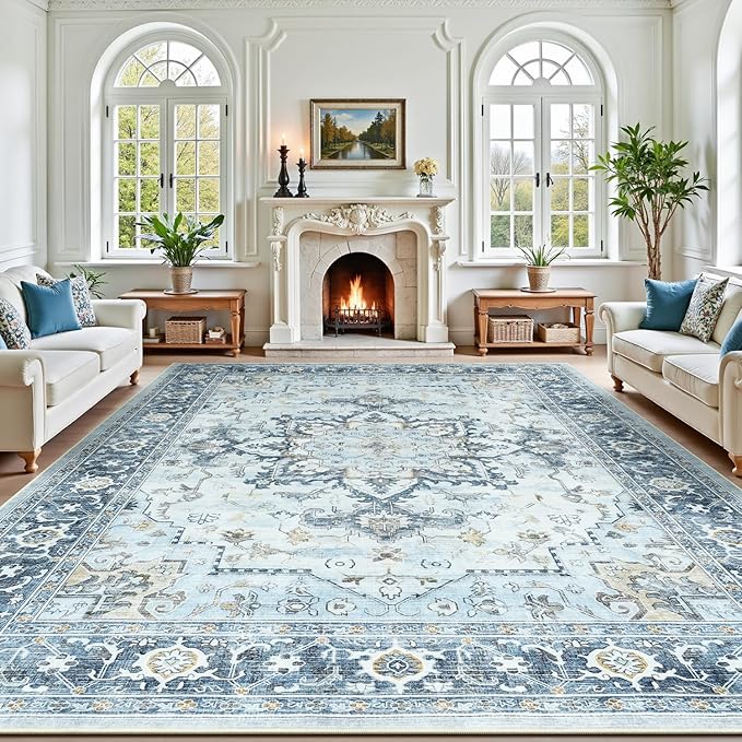 Lofus 9x12 Area Rugs for Living Room, Machine Washable Non-Slip Area Rug, Low Pile Large Rugs for Bedroom, Kitchen, Dining Room, Home Office, Vintage Oriental Print Rug, Blue Gold
