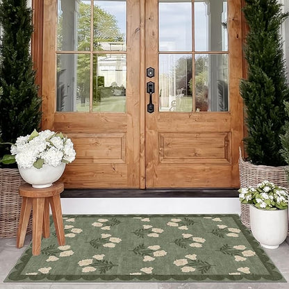 Floral Outdoor Rug - 28" x 43" Front Door Mat Indoor Outside Entrance Non-Slip Washable Outdoor Mat Sage Green Spring Scalloped Rug for Entryway Kitchen Bedroom Layered Doormat for Front Porch