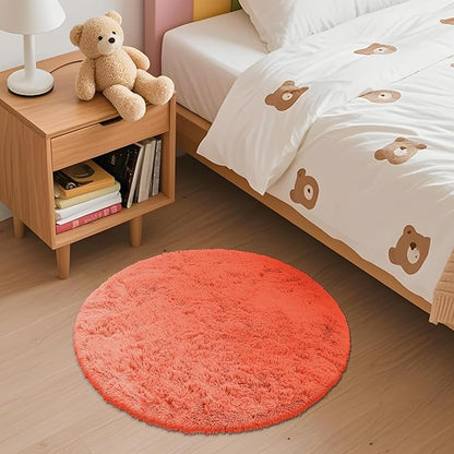 OLANLY Coral Red Round Rugs for Bedroom - Machine Washable, 2 ft Circle Area Rugs for Living Room, Soft and Fluffy Shaggy Carpet for Teen Girl and Boys, Nursery Rooms, Dorms, Home Decor Aesthetic