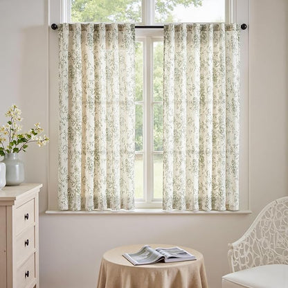 jinchan Linen Blend Floral Curtains for Living Room 54 Inch Length Farmhouse Printed Curtain Rod Pocket Back Tab Sage Green Peony Flower Patterned Drapes Bedroom Curtains Set 2 Panels