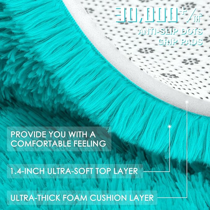 OLANLY Teal Blue Round Rugs for Bedroom - Machine Washable, 9 ft Circle Area Rugs for Living Room, Soft and Fluffy Shaggy Carpet for Teen Girls and Boys, Nursery Rooms, Dorms, Home Decor Aesthetic