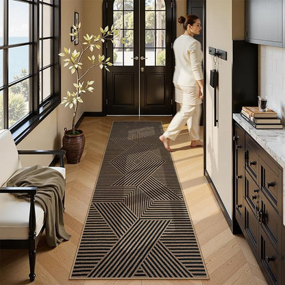 Lahome Enfys Modern Geometric Runner Rug, 2x8 Washable Rug Runners for Hallways Non Slip, Black Outdoor Carpet with Rubber Backing, Farmhouse Non Shedding Kitchen Mats for Floor Entryway