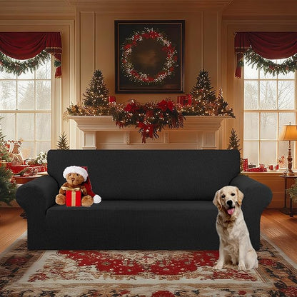 KEKUOU Stretch Oversized Sofa Slipcover 1 Piece Couch Sofa Cover (94"-110") Furniture Protector 4 Seater Sofa with Elastic Bottom for Kids,Pet.Jacquard Checked Pattern Fabric(X Large,Black)