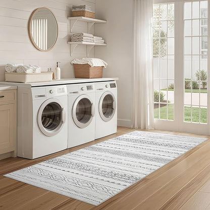 Nakagishi Runner Rug Kitchen Washable Rugs: 2x6 Non-Slip Boho Soft Modern Stain Resistant Indoor Floor Neutral Farmhouse Throw Carpet for Hallway Bathroom Laundry Room Entryway Bedroom- Grey