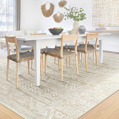 6x9 Area Rugs for Living Room: Washable Moroccan Geometric Boho Rug Farmhouse Non Slip Stain Resistant Large Rug Low Pile Soft Carpet for Bedroom Dining Room Home Office Kids Room (Ivory Beige,6'x9')